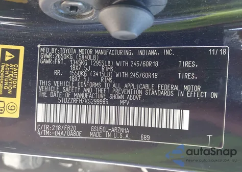 2019 Toyota Highlander Le z USA, uszkodzony, nr VIN 5TDZZRFH7KS299985